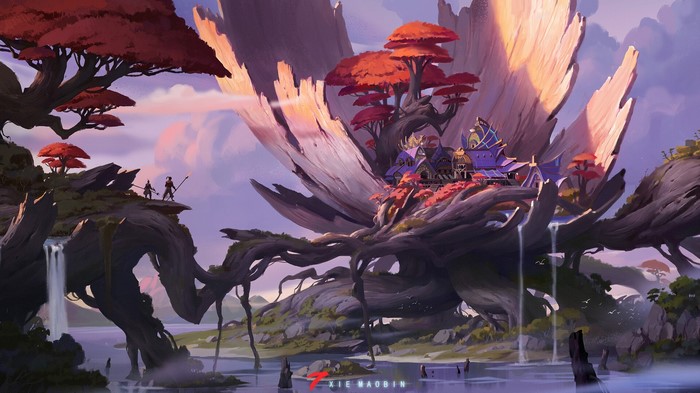 Fantasy artwork of a village built on a giant tree