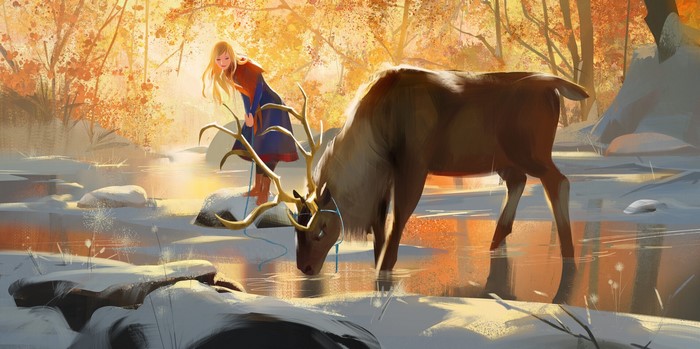 Girl with Reindeer in Autumn Forest