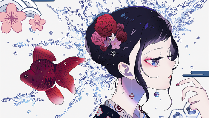 Anime girl with goldfish and cherry blossoms