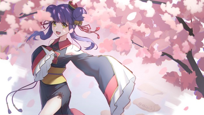 Anime girl with purple hair in Chinese clothing under cherry blossoms