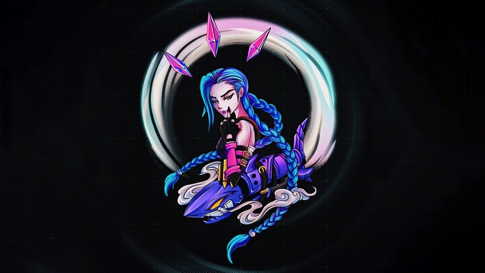 Jinx from League of Legends riding a shark