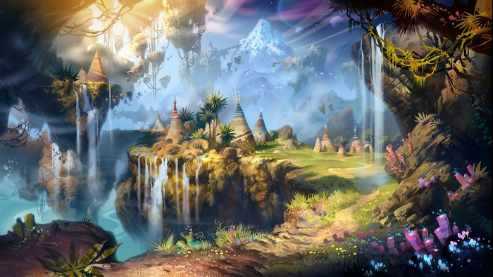 Fantasy landscape with floating islands and waterfalls