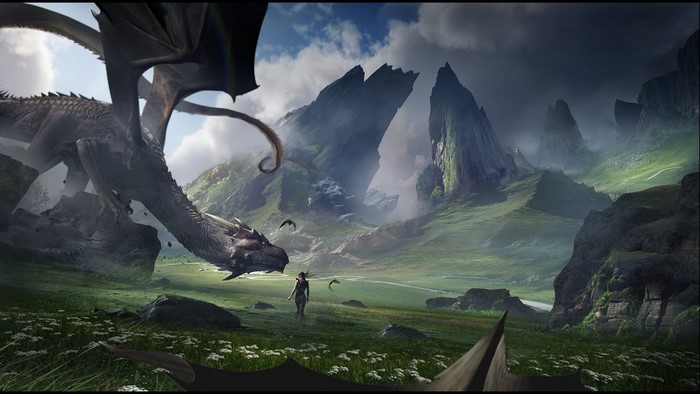 Dragon and woman in a fantasy mountain landscape