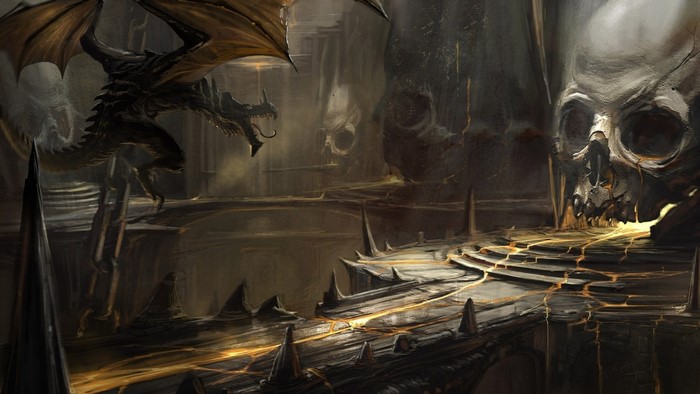 Dragon in a dark cavern with a giant skull