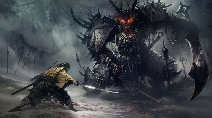 Samurai warrior fighting a giant demon in a snowy landscape
