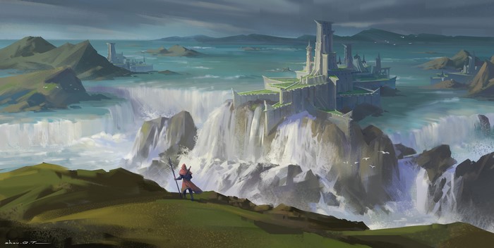 Fantasy City with Waterfalls and a Traveler