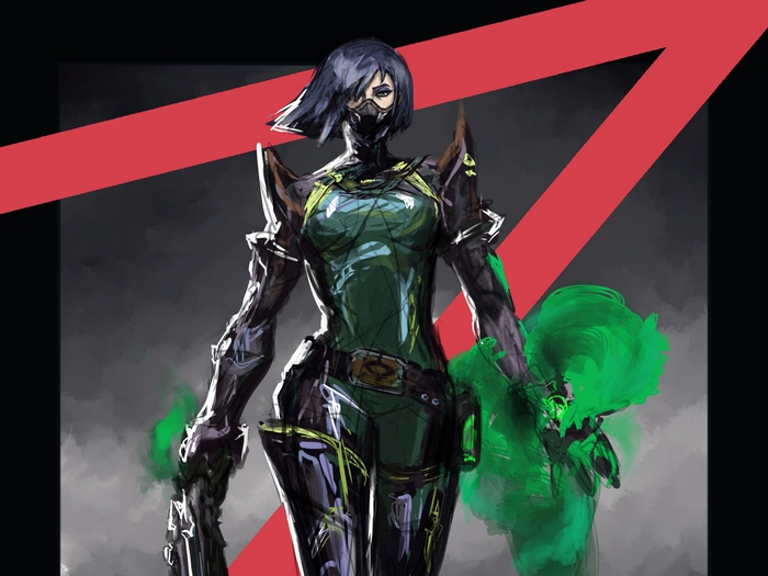 Viper from Valorant with green smoke and gun