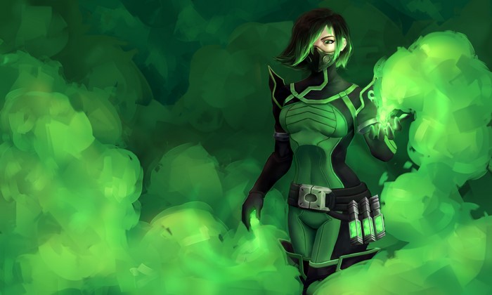 Viper from Valorant surrounded by green smoke