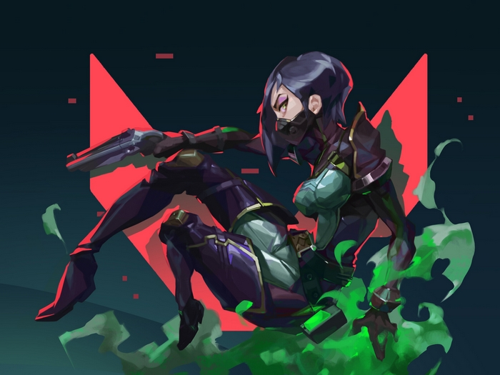 Viper from Valorant with a gun and green smoke