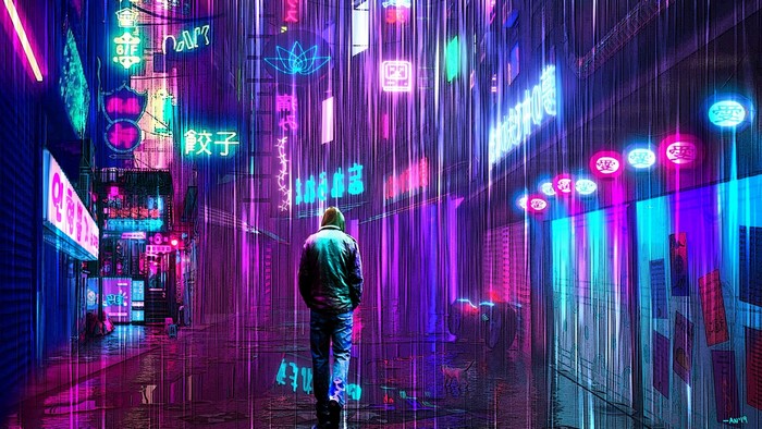 Cyberpunk street with neon signs and rain