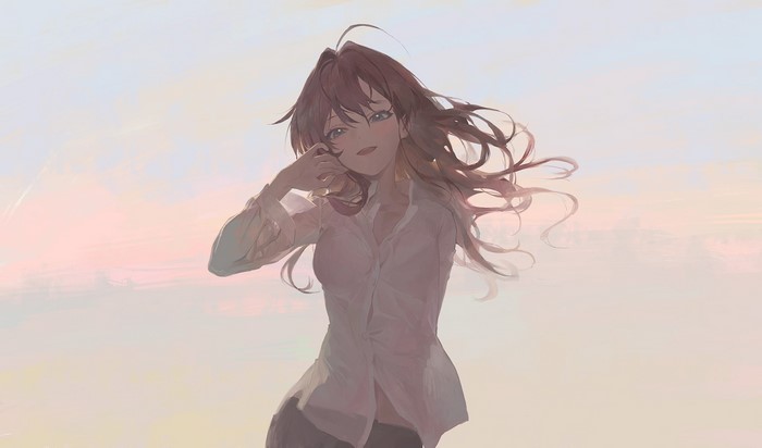 Anime girl with brown hair in a white shirt
