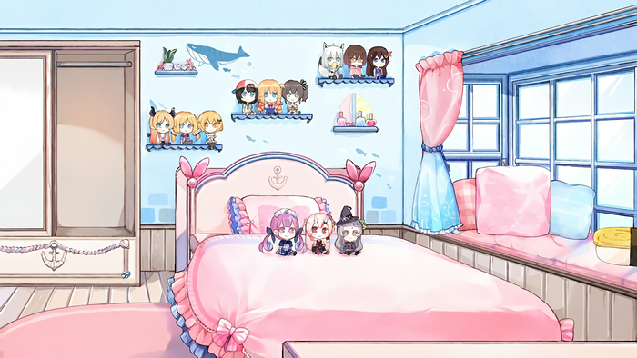 Hololive characters in a bedroom with a bed and window