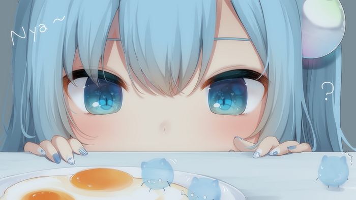 Anime girl with blue hair and eyes peeking over a table