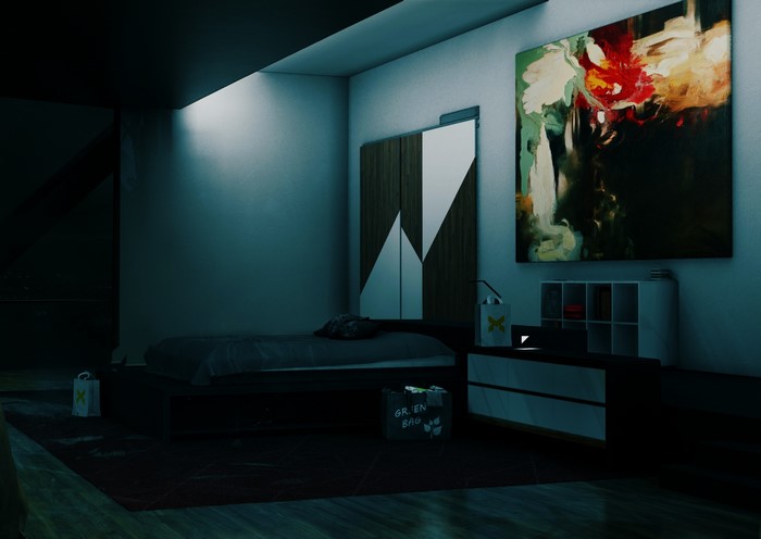 Bedroom with abstract painting and modern furniture