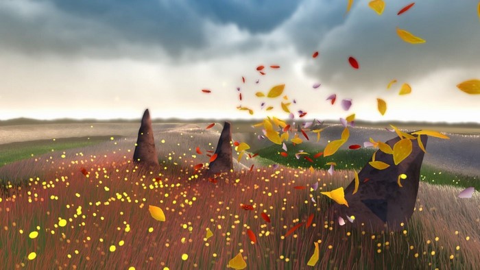 Flower game screenshot with falling leaves