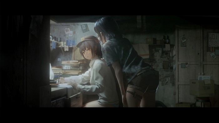 Anime girls in a dark room with books