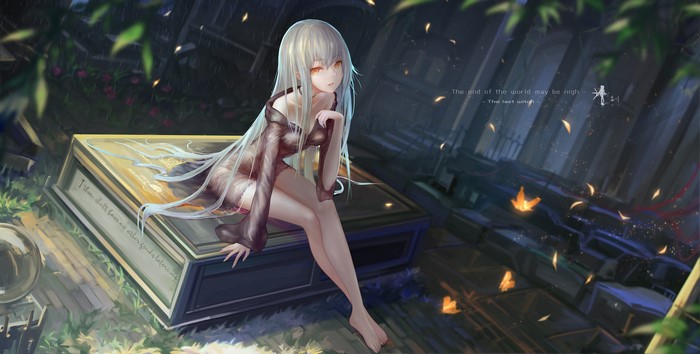 Anime girl with white hair and yellow eyes in the rain