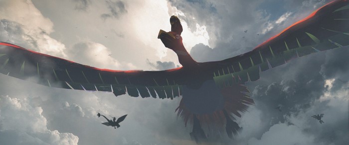 4K Pokémon Ho-Oh flying in clouds
