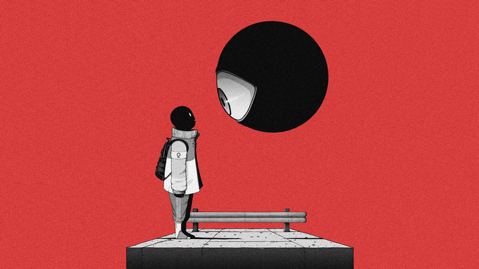 Child with backpack looking at a giant eye