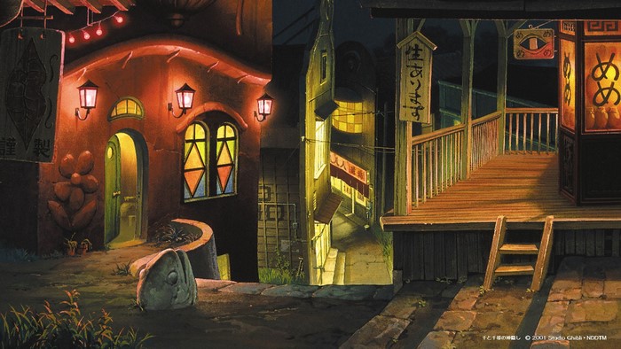 Spirited Away night scene with Japanese architecture