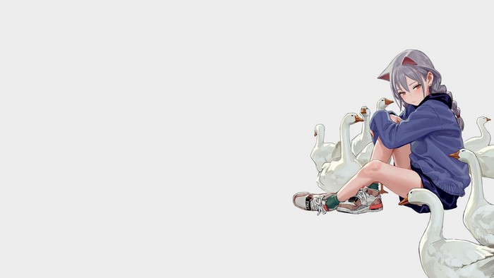 Anime girl with cat ears and geese