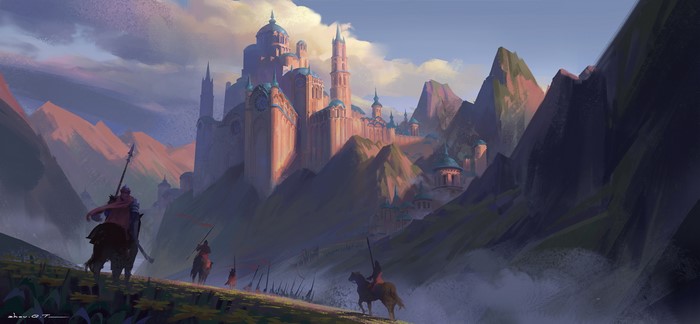 Fantasy City in Mountains with Warriors