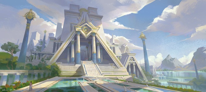 Fantasy building with ornate architecture and water features