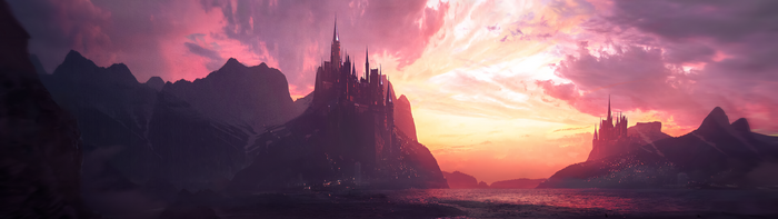 Fantasy castle on mountains at sunset