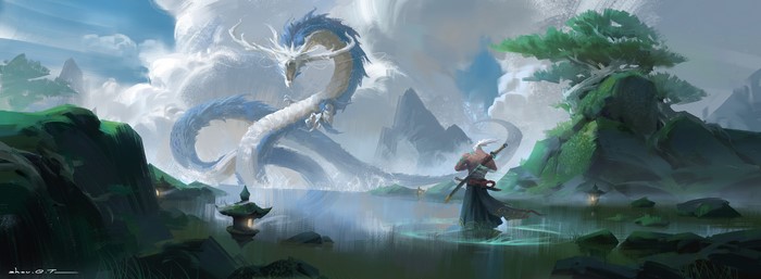 Samurai Facing Majestic Chinese Dragon