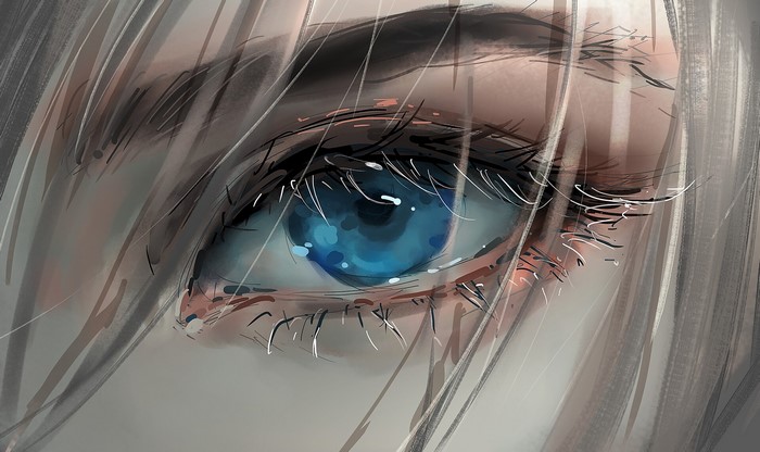Close-up of anime girl's blue eye with white hair