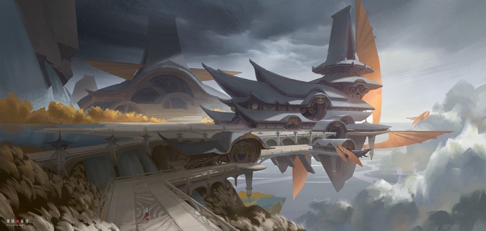 Fantasy building with Asian architectural influences in the clouds