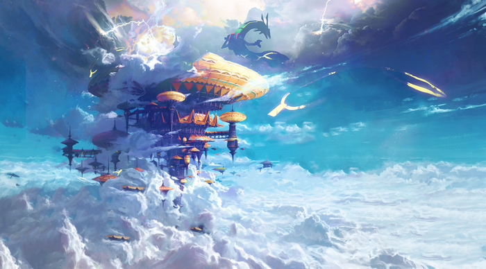 Rayquaza from Pokémon above a sky palace in the clouds