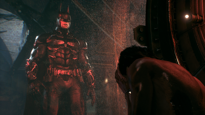 Batman from Batman: Arkham Knight confronts a man