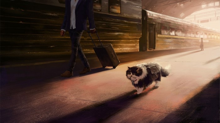 Artwork of a cat and person at a train station