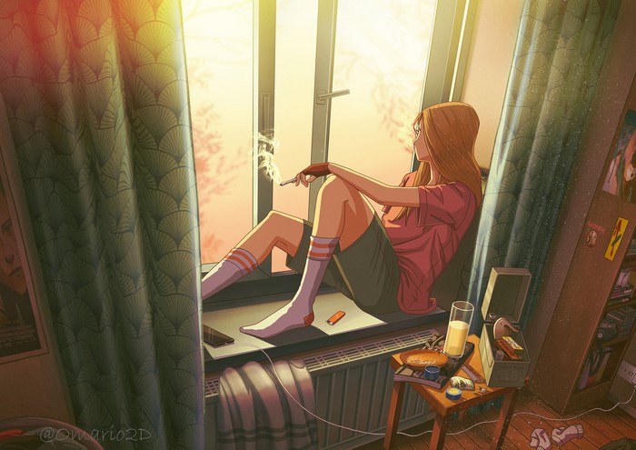 Girl smoking by the window at sunset