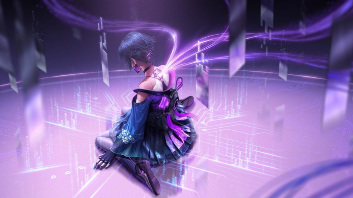 Cyberpunk girl with purple energy streams