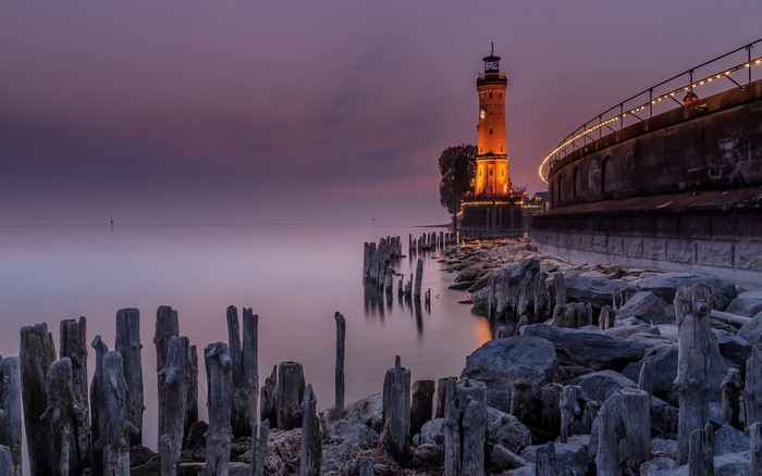 Lighthouse on Lake Constance at dusk