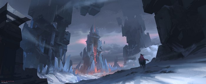 Fantasy castle with a rider in a snowy landscape