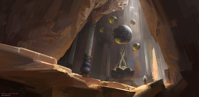 Fantasy Cave with Floating Spheres and Ancient Architecture