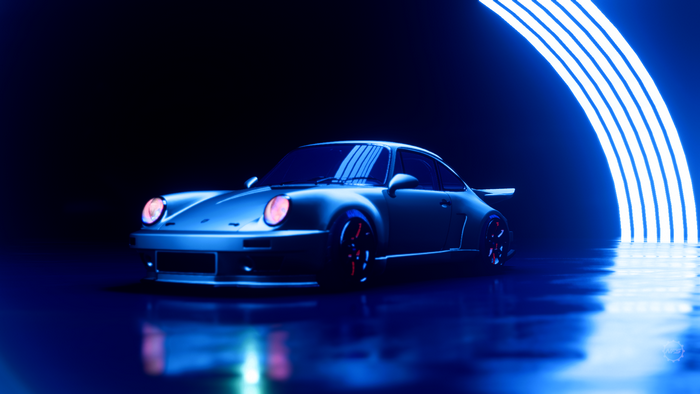 RWB Porsche 911 in neon blue lighting