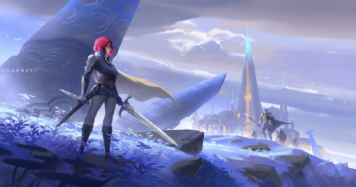 Fantasy Women Warrior with Pink Hair and Swords