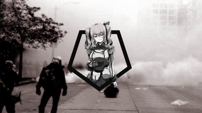 Kashima from Kantai Collection in a protest with gas masks