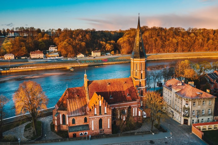 Church and river in Kaunas, Lithuania