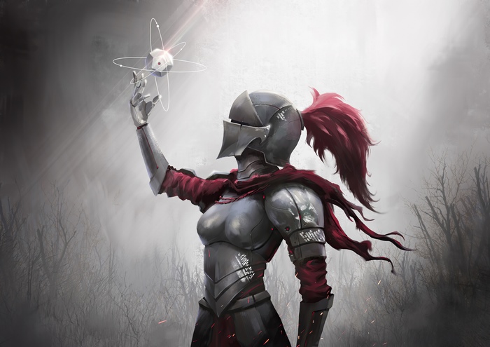 Fantasy Knight Woman Warrior Holding Atom Model
