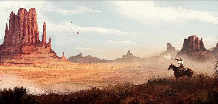 Cowboy shooting from horseback in a desert landscape