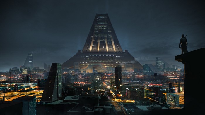 Futuristic city with pyramid-like skyscraper and lone figure