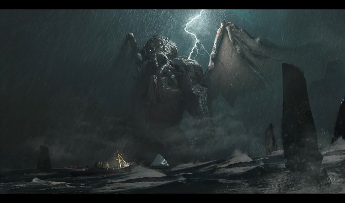 Cthulhu emerges from the sea during a lightning storm