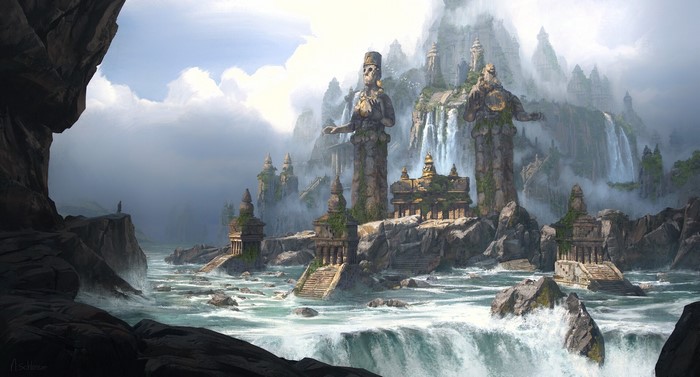 Fantasy art of ancient statues and temples on a rocky island