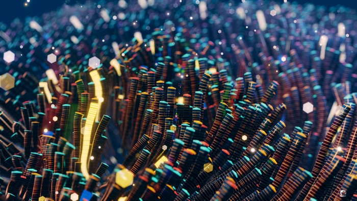 Abstract 3D render of colorful fiber optic strands