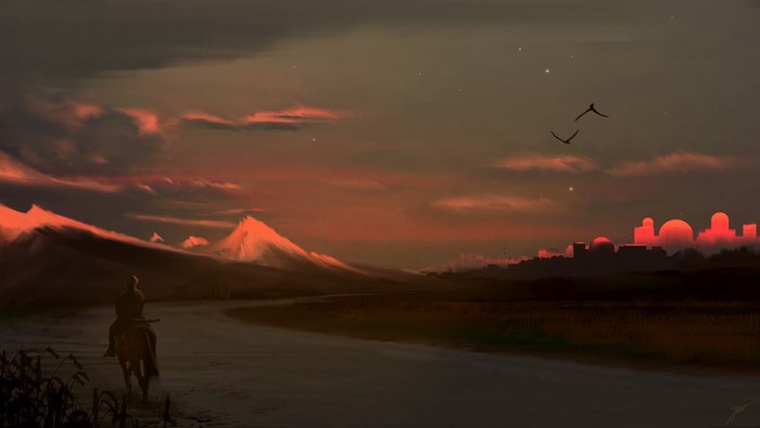 A lone rider approaches a desert city at sunset